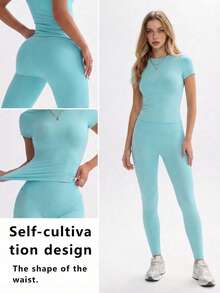 FWH Áo croptop màu trơn dễ thương, áo khoác ôm sát cổ tròn co giãn, áo khoác thường ngày thời trang ngọt ngào, bộ đồ thể thao 2 mảnh eo cao ôm sát, che khuyết điểm vòng bụng, giúp kéo dài chân, nâng mông, thích hợp mặc hàng ngày khi tập nhảy, chạy bộ, yoga, thể thao. - Nhiều màu - Xem 2