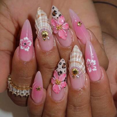 10pcs Summer Seashell Leopard Floral Nail Stickers, Beach Style Nail Art Set, Y2K Long Pointed False Nail Stickers With 3D Flower & Starfish Decor, Adding Romantic Vibe, Nail Stickers, False Nail Set, Suitable For Daily Dates, Nail Art Supplies, Women Accessories, Travel Essential