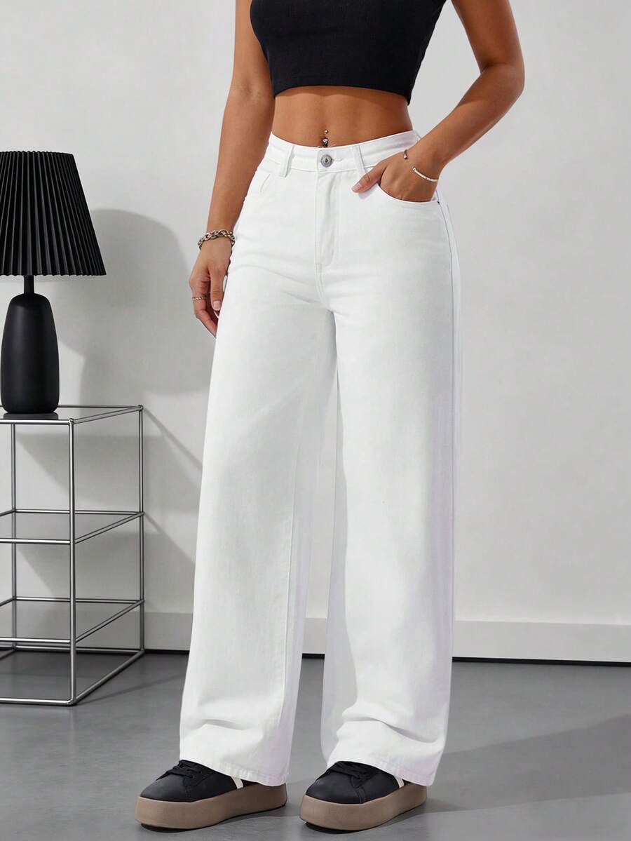 Women's Casual Straight Leg Loose Fit Jeans With Pockets, Fashionable Straight Jeans, Washed Denim Loose Fit Jeans, Vintage Casual Style, Wide Leg And High Waist For Everyday Wear, Comfortable, Stretchy And Suitable For All Seasons - 白色 - 查看 1