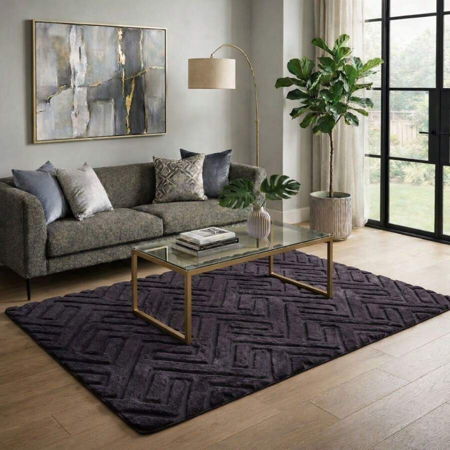 Tokyo Non-Slip Rug With High Relief Geometric Pattern For Living Room/Bedroom, 1.40m X 2.00m Or 2.00m X 2.40m - Black - View 1