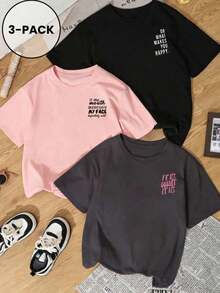 3pcs Women's New Casual Cute Pattern Loose Fit Round Neck Short Sleeve T-Shirts, Fashion Daily & Holiday Wear.Women's New Summer, Graphic Print 3-Piece Set Round Neck Tees.Suitable For Valentine's Day, Back To School, Teacher's Day And Other Holidays.Letter Print Soft, Loose & Comfortable Streetwear Casual Short Sleeve Tops - 粉色 - 查看 5