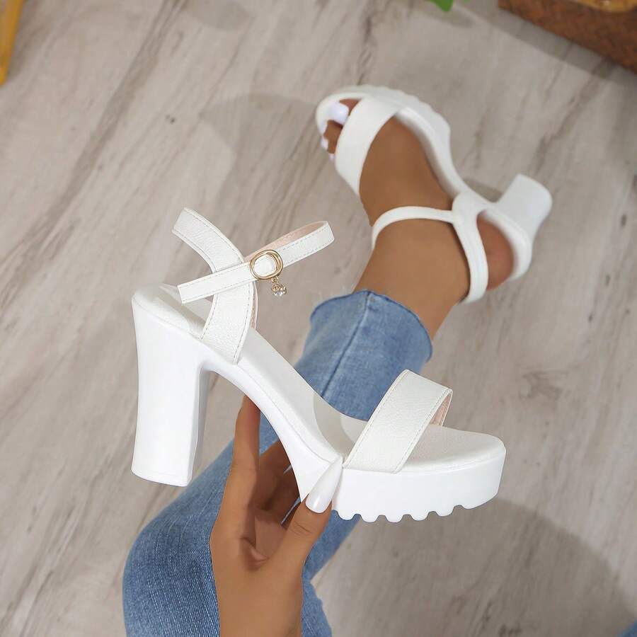 Giày sandal nữ, giày cao gót đế dày, sandal cao gót quai khóa bằng da PU, giày thời trang đi biển, giày cưới, mùa xuân/hè. - trắng - Xem 1