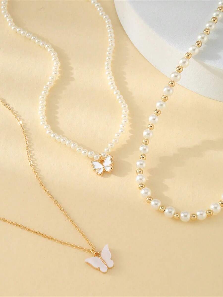 3件套蝴蝶吊坠项链套装,仿珍珠多层颈链,适合女孩公主派对生日首饰礼物 - A - 查看 1