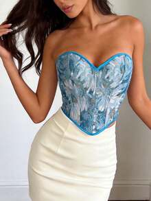 1 buc. Top corset jacquard inspirat din pictură, corset cu model os de pește, vintage francez, potrivit pentru întâlniri de seară de lux, vacanțe de vară - Albastru - Vizualizare 2