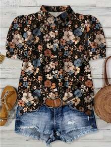 Women's Elegant Floral Print Neckline Short Sleeve Shirt - Dark Brown Colorful Vibrant Floral Pattern, Sophisticated And Summer Top Vacation - Multicolor - View 5