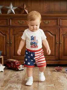 Baby Boy 4th Of July Outfit Patriotic Short Sleeve Flag Embroidery Striped Romper With Star Print Shorts 2Pcs Set , 4th Of July Baby Boy Outfit  0-3Months 3-6Months 6-12Months12-18Months - 象牙白 - 查看 3