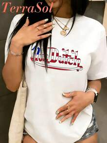 DUTCH Women's Casual Pure Cotton T-Shirt For Easter And St. Patrick's Day, Featuring A Simple And Cute Graphic Print, Round Neck, Short Sleeves, Summer Street Style, And A Surprise Gift For Family And Friends. - 黑與白 - 查看 1