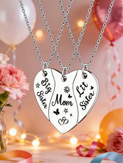 suteyi 3Pcs Mom & Big Sister Little Sister Heart Necklace Set, Matching Puzzle Pendant Necklaces For Mother Daughters, Mother's Day Birthday Gift For Mom Girls