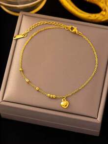 1 pieza Tobillera con cuentas con forma de corazón minimalista de acero inoxidable, accesorio versátil para vacaciones en la playa - Dorado - Ver 4