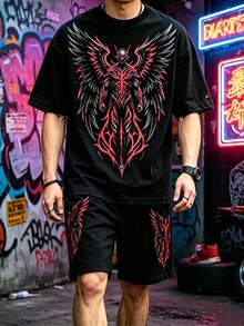 Dark Street Style Demon Wing Print Men's Short Sleeve Set, Totem Design, Loose Fit For Street Wear, Cool Red & Black Contrast Color Creates Visual Impact, Essential For Fashionable Men, Casual & Sporty, Crafts Exclusive Dark Fashion Style - Multicolor - View 1