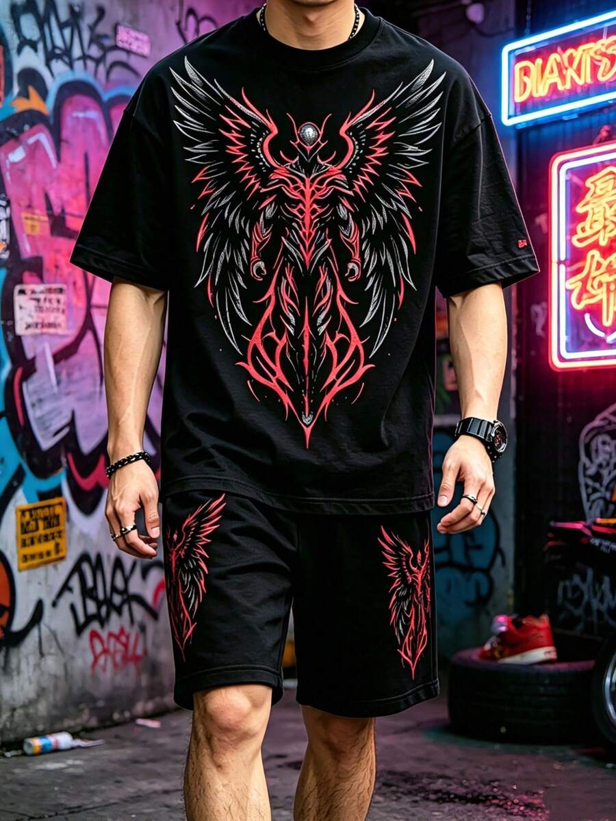 Dark Street Style Demon Wing Print Men's Short Sleeve Set, Totem Design, Loose Fit For Street Wear, Cool Red & Black Contrast Color Creates Visual Impact, Essential For Fashionable Men, Casual & Sporty, Crafts Exclusive Dark Fashion Style - Multicolor - View 1