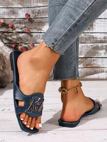 Ximi Ruo Spring/Summer Fashion, Comfortable Flat Heel Round Toe Slip-On Beach Slippers, Versatile Decorative Flat Sandals For Summer, Holiday Essential - Navy Blue - View 5