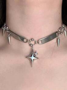 1pc Gothic Punk Y2K Metal Heart Star Necklace, Cross-Border Dark Style Geometric Zinc Alloy Plated Jewelry, For Women - 銀色 - 查看 7