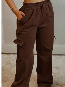 Women's Wide-Leg Cargo Pants With Fleece Lining And Cargo Pockets For Winter. - 鏽棕色 - 查看 1