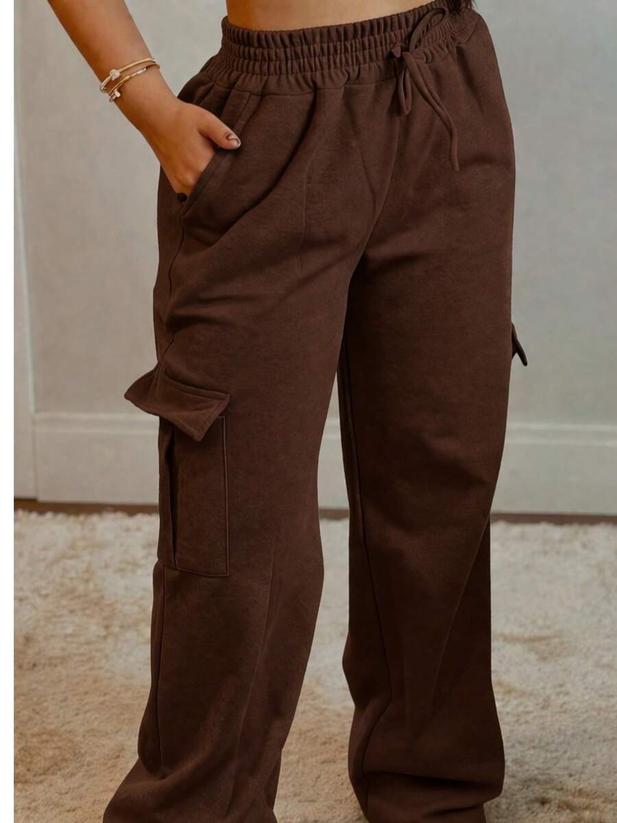 Women's Wide-Leg Cargo Pants With Fleece Lining And Cargo Pockets For Winter. - 鏽棕色 - 查看 1