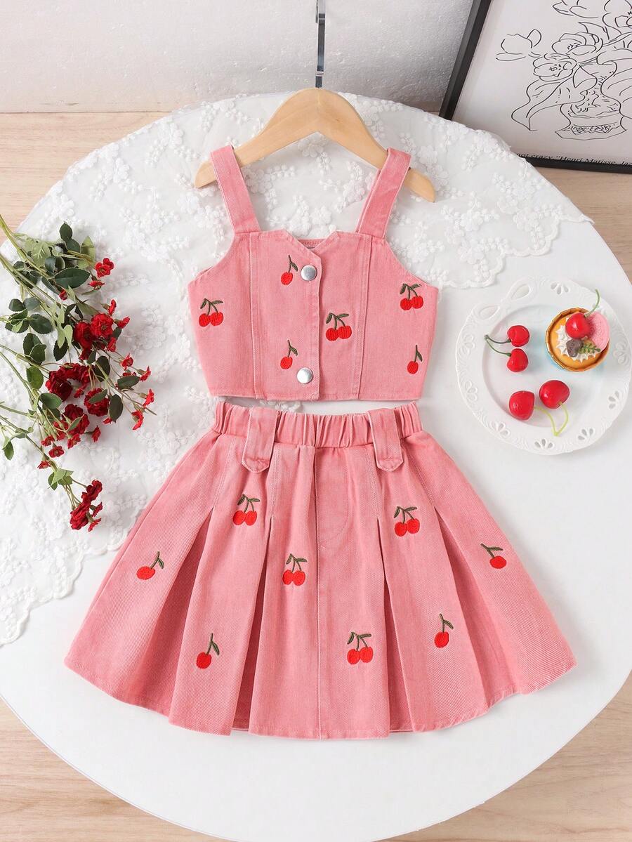 2 Stücke/Set Mädchen Süßer Vintage Kirsche Bestickter ärmelloser Jeansweste und Jeansplisseerock Set, Sommer - Wassermelonenrosa - Übersicht 1