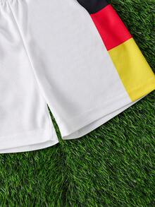 Young BoyFashion Casual Sports Football World Cup Theme Patchwork Striped Contrast Color Short Sleeve Top And Shorts Set - White - View 7
