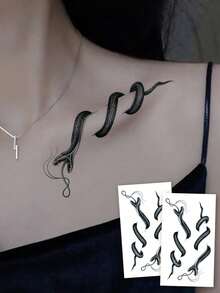2 Sheets Small Body Art Temporary Tattoo Stickers, Unisex, Black Modern Style Collarbone Snake Pattern, Cute And Small Street Style Pattern, Waterproof Fake Tattoo, Last 2-5 Days, Can Cover Scars, Can Be Used For Arms,Wrists,Shoulders,Legs,Neck - Black - View 1