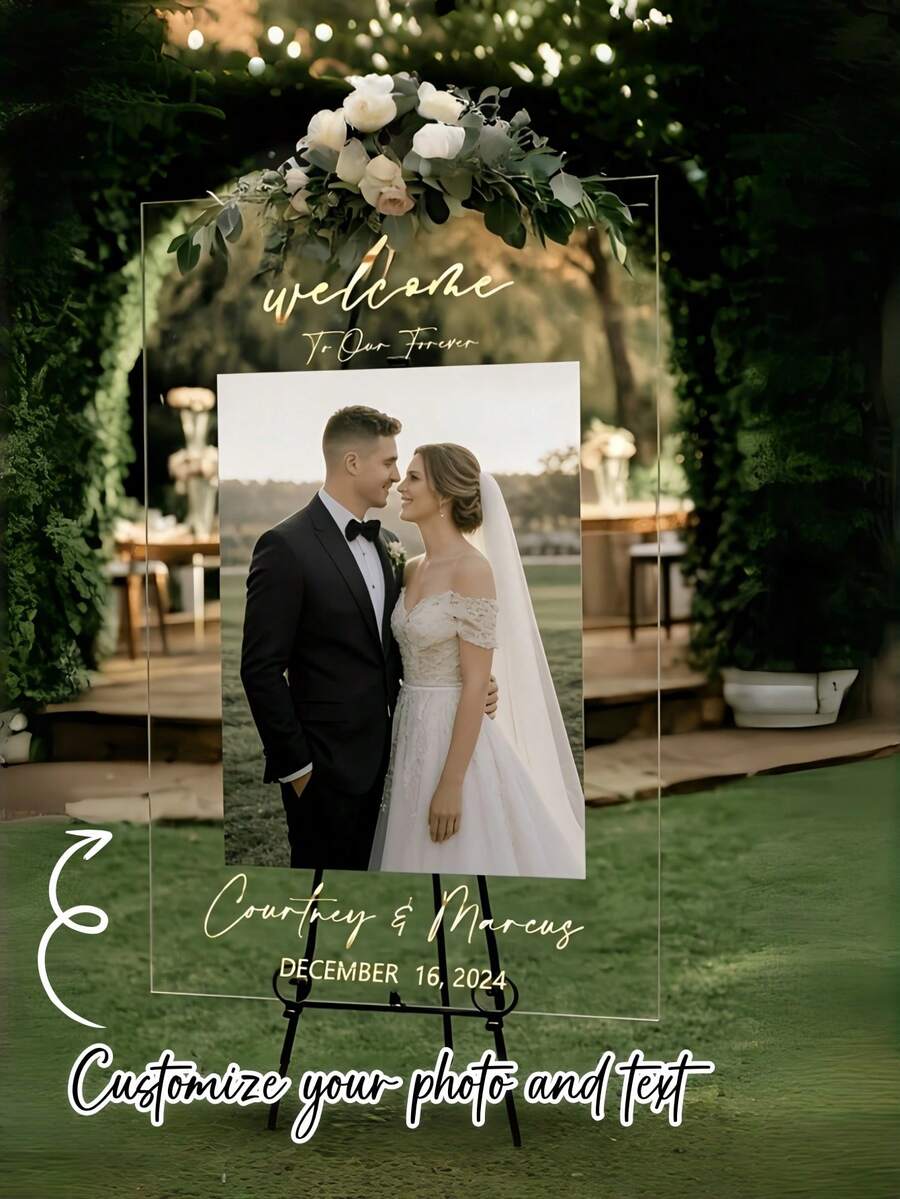 Customized Acrylic Wedding Welcome Sign - Personalized Photo Display Board With Name/Text, Suitable For Weddings, Birthdays, Anniversaries, Standing Asymmetrical Shaped Table Sign For Reception Area, Entrance Decoration, Photo Frame - Multicolor - View 1