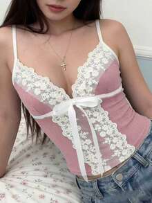 Camiseta de tirantes finos de encaje bordado de tela de jacquard de punto de unicolor elegante y casual de verano - Rosa - Ver 3