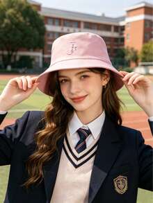 1pc 26 Letter Fuzzy Patch Bucket Hat, Women Casual Wide Brim Sun Protection Beach Hat, Suitable For Beach, Vacation, Travel, Streetwear And Daily Outfit,Summer,Holiday,Festival - Pink - View 4