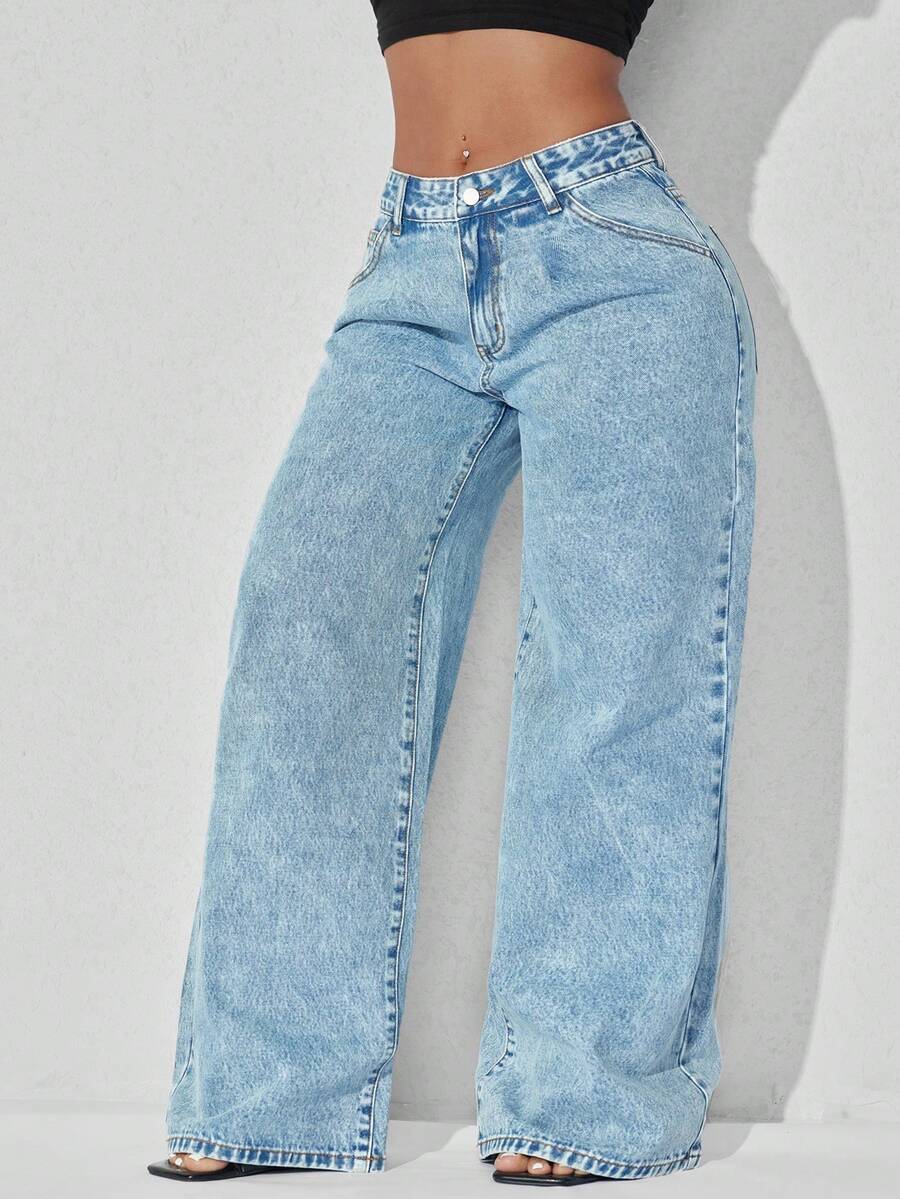 Quần jeans nữ ống rộng cạp thấp màu xanh dương dáng suông, túi xéo, kiểu dáng thường ngày, thích hợp cho mùa xuân. - Màu xanh lam - Xem 1