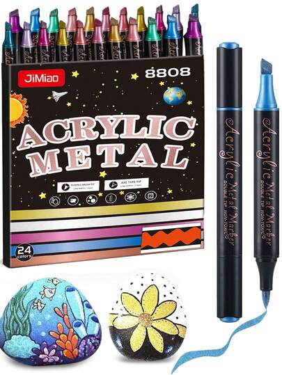 1/12/24Pcs Metallic Colors Acrylic Paint Markers, Dual Tip Acrylic Paint Pens For Rock Painting, Black Paper, Wood, Canvas, Stone, Glass, Ceramic, DIY Crafts Making Art Supplies
