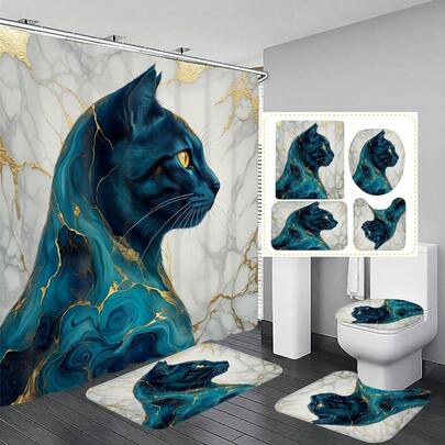 1pc/4pcs Cat & Marble Pattern Bathroom Decor Shower Curtain Set, Free 12 Hooks Included, Elegant Holiday Atmosphere, Bathroom Mat, U-Shaped Toilet Mat And Round Toilet Mat, Suitable For All Scenarios