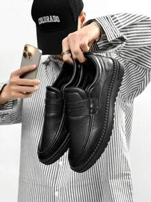男士休闲乐福鞋，轻便透气一脚蹬驾车鞋，纯色舒适莫卡辛鞋，室内/室外平底鞋，护士鞋 - 黑色 - 查看 3