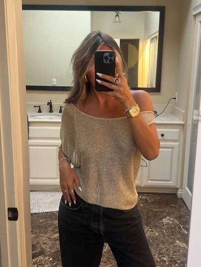 Blusa de punto brillante con hombros descubiertos para mujer, chal de verano, vestido largo de verano, conjunto de playa de verano, vacaciones de playa, ropa de verano, adecuado para citas diarias, uso casual y de vacaciones