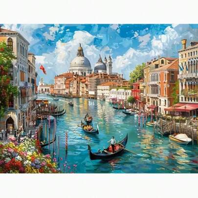 Bộ tranh đính đá 5D, chủ đề phong cảnh kênh đào Venice, tranh đính đá tròn không khung, tự làm trang trí nhà cửa, kích thước 40x30cm/15.8"x11.8", thích hợp để trang trí tường và để bàn, món quà Giáng sinh hoàn hảo.