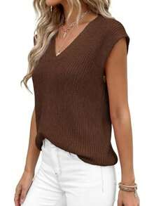 Women's Knit Sweaters Vest Lightweight Spring Cap Sleeve V Neck Tank Tops Summer Going Out Outfits - Coffee Brown - View 6