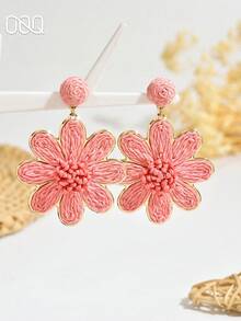 一对手工拉菲草花朵耳环，波西米亚海滩风，向日葵设计，时尚耳环，适合女性佩戴，可用于婚礼、派对、节日等场合，也是送给爱人和朋友的礼物。 - 粉色 - 查看 3