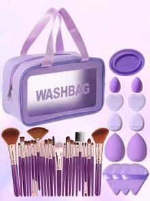 38件套化妆工具套装，包括：1个多功能拉链防水化妆包+25支化妆刷套装+2个化妆海绵+2个迷你化妆海绵+3个三角粉扑+4个迷你气垫粉扑+1个化妆刷清洁工具 - 紫色 - 查看 1