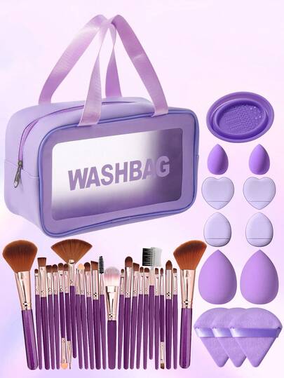38件套化妆工具套装，包括：1个多功能拉链防水化妆包+25支化妆刷套装+2个化妆海绵+2个迷你化妆海绵+3个三角粉扑+4个迷你气垫粉扑+1个化妆刷清洁工具