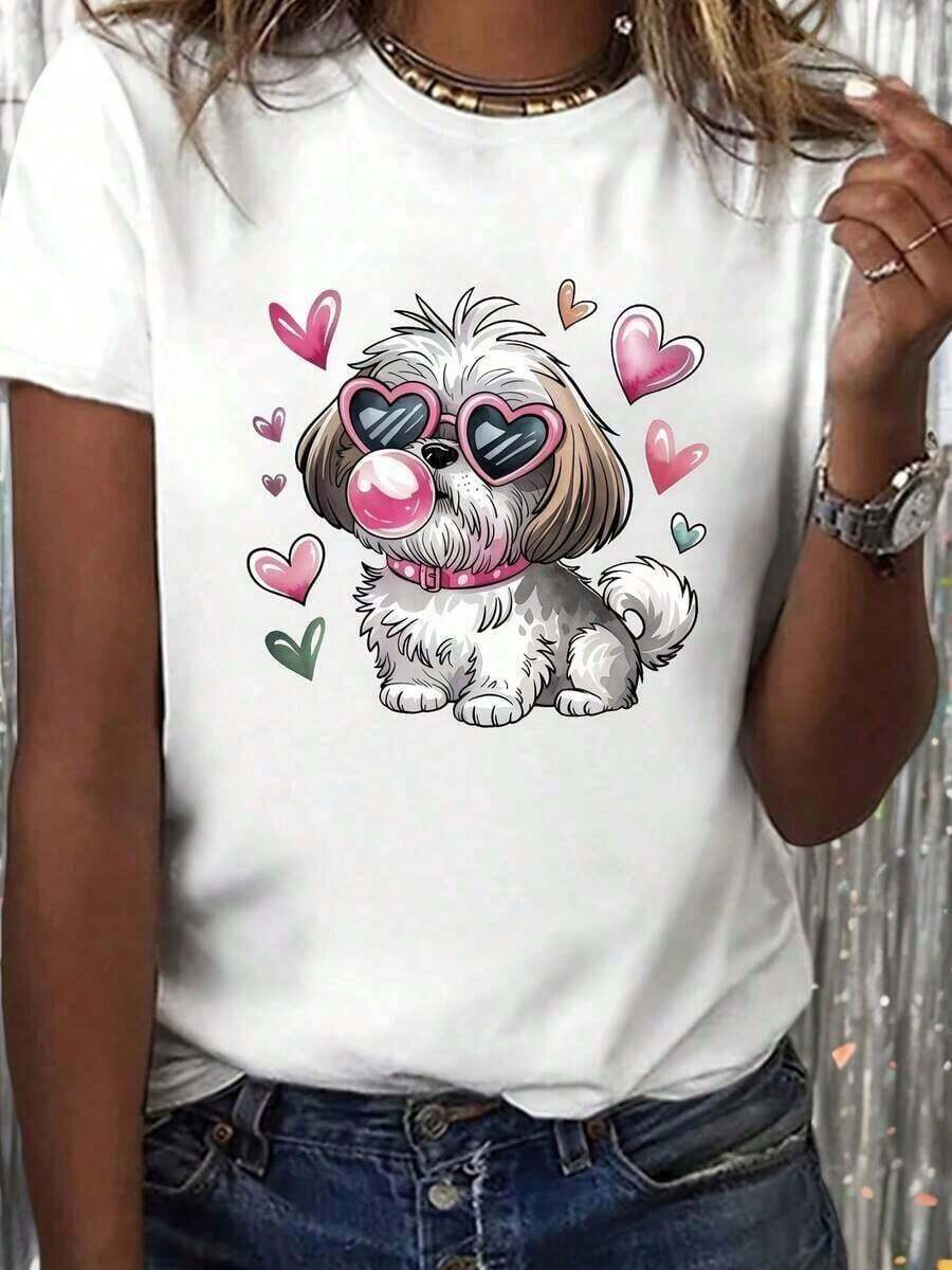 Women's Loose Fit Graphic Tee, Cute Shih Tzu Dog With Glasses Print, Casual Short Sleeve Crew Neck T-Shirt - 白色 - 查看 1