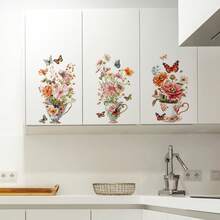 1pc Fresh Flower & Butterfly Cabinet Sticker, French Style Self-Adhesive, Suitable For Kitchen Cabinet, Wall Decor - Multicolor - View 7