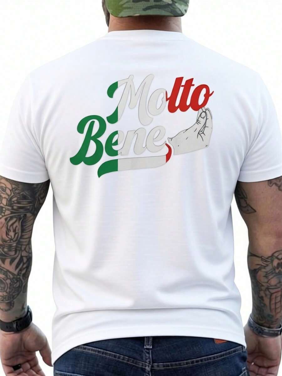Summer T-Shirts Men's Italian Themed "Molto Bene" T-Shirt - Back Print With Italian Flag, Thumbs-Up Logo And Italian Text - 100% Breathable Cotton Short Sleeve T-Shirt, Suitable For Italian Cultural Events, Italy-Themed Parties, Casual Wear And Smart-Casual Outfits. - 白色 - 查看 1