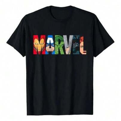 2026 Women Mens Black Short Sleeve T Shirt Camiseta Con El Logotipo De  Avengers Super Heroes,Men's T-Shirt, Comfortable Short Sleeve Round Neck T-Shirt, Casual Outdoor Men's Short Sleeve Top, Summer,,1 Piece,Family Matching Outfits, Patterned Printed Short Sleeved Top T-Shirt