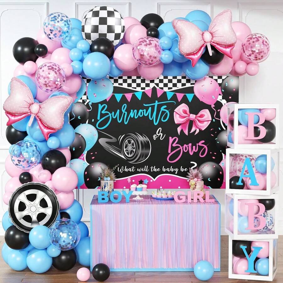 Conjunto de Decoração para Festa de Revelação de Gênero - Conjunto de Guirlanda de Balões Rosa e Azul com 122 Peças, Incluindo Balões Rosa, Azul, Preto e Xadrez, Balões de Folha com Formato de Pneu, Perfeito para Chás de Bebê, Festas de Aniversário, Festas de Revelação de Gênero e Decorações de Batizado. - Visão 1