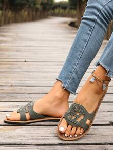 Korean Style Casual Flat Slide Sandals, Open Toe, Woven Roman Style, Suitable For Spring, Summer, Beach, Vacation, Dresses, Apartment, Brown Color - Green - View 4