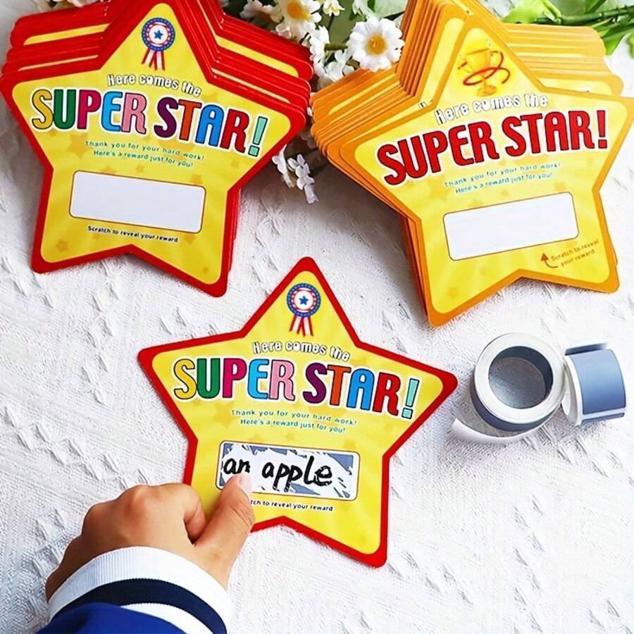 hoojojo 50pcs Creative Star Scratch Cards DIY Handmade Lottery Blank Cards, Children Classroom Reward For Positive Behavior, Teacher Incentive Cards 50pcs Cards + 50pcs Scratch Papers