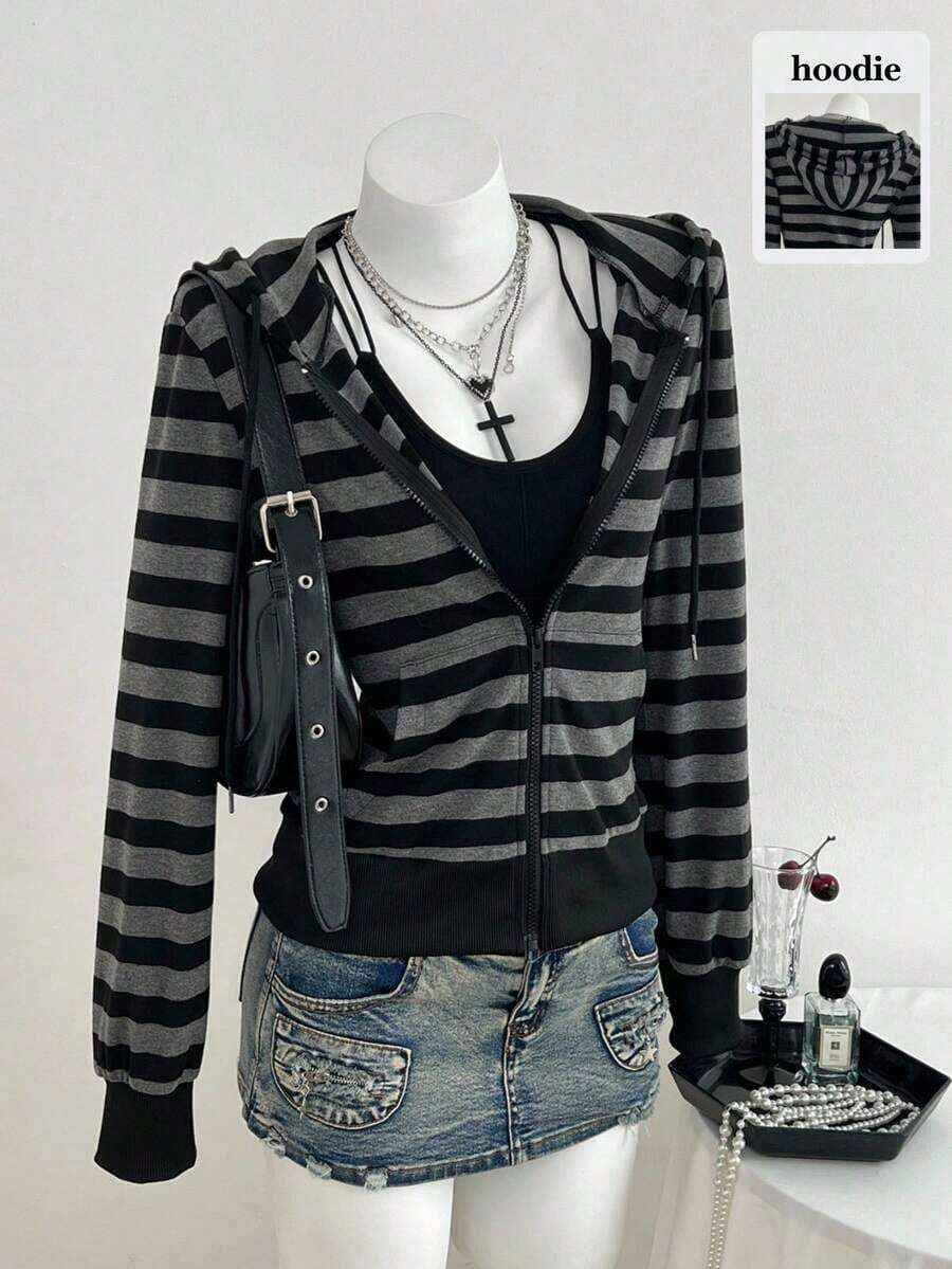 Gray & Black Striped Long Sleeve Loose Ribbed Zip-Up Sweatshirt For Women, Elegant & Cute, Suitable For School, Graduation, Casual, Sports, Daily Wear In Autumn/Winter - Black - View 1