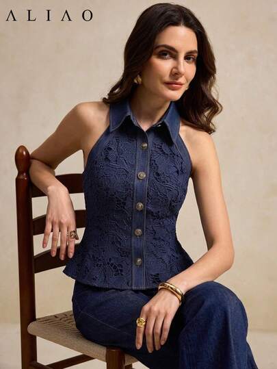 Aliao High-End Lace 3D Hollow Embroidered Indigo Washed Style Camisole, Elegant For Daily Wear, Old Money Style, Valentine's Day Outfit, Wedding Season, Eye-Catching Apparel, New Year, Women's Spring Clothing, Summer, Resort Wear, Palace Style, Beach Outfit, Thanksgiving Attire, Graduation