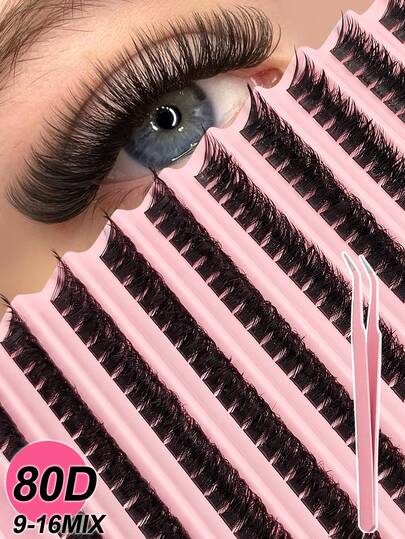 200pcs D-Curl Cluster Lashes, 80D, 9-16mm Mixed Natural Length Lash Clusters, Lash Cluster Set, Fluffy Lash Clusters, Tweezers, Suitable For Any Style, Reusable Makeup Accessory Lash Clusters, Lash Clusters, Individual Lashes, False Lashes. Suitable For Daily Wear, Work Commute, Travel, Gifts, Parties, Bridesmaids, Proposal Gifts, Mother's Day Gifts, Surprise Gifts