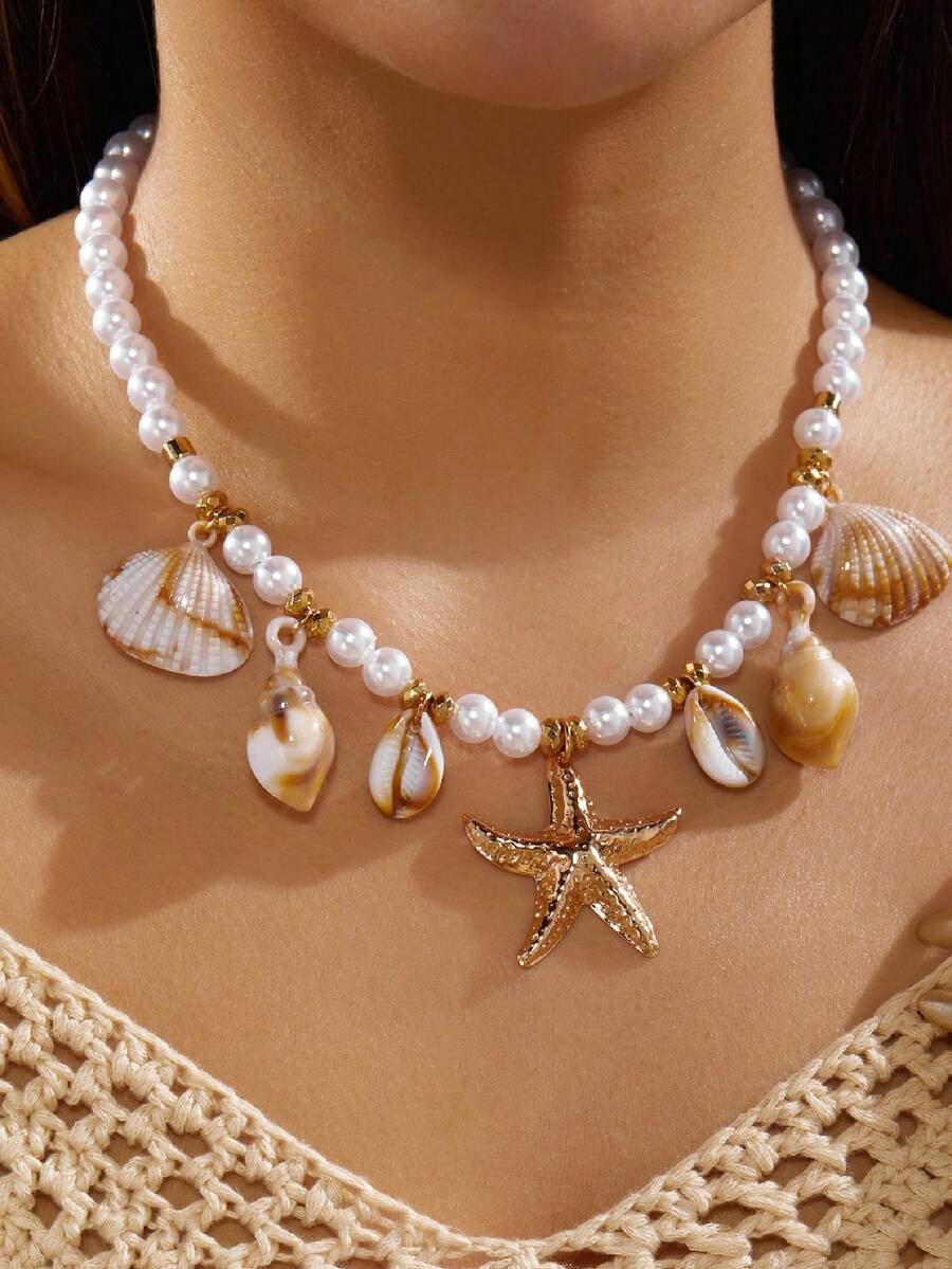 Mặt dây chuyền hình vỏ sò, sao biển và ốc xà cừ phong cách Bohemian, đính ngọc trai giả, thích hợp cho kỳ nghỉ biển. - Nhiều màu - Xem 1