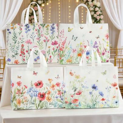 4pcs/Set Party Gift Bags, Waterproof Film With Handles - 4 Floral & Butterfly Patterns Gift Packaging Bags, Suitable For Non-Woven Tote Bags, Shopping Bags, Birthday, Christening, Wedding, Mother's Day, Anniversary And Other Occasions