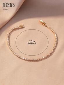 Hihho 1pc Classic Versatile Tennis Chain Bracelet, Gold-Tone Cubic Zirconia Elegant Jewelry Gift For Girlfriend - Yellow Gold - View 8
