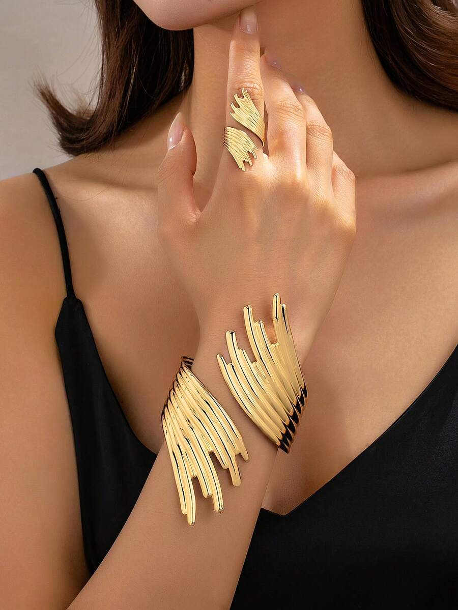 2pcs Fashionable Gold-Plated Geometric Line Leaf Shaped Bracelet And Ring Metal Jewelry Set For Women - Yellow Gold - View 1