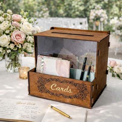 带花槽的木质婚礼卡片盒，可用于放置贺卡、明信片、婚礼花束等装饰品